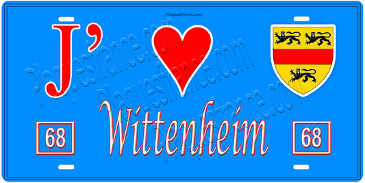 Plaque métal décorative, J' ❤️Wittenheim, Haut Rhin, fond  mur bleu 68