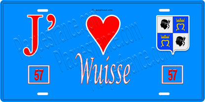 Plaque métal décorative 15 x 30 cm fond bleu 57 J' ❤️Wuisse, canton du Saulnois Moselle 57