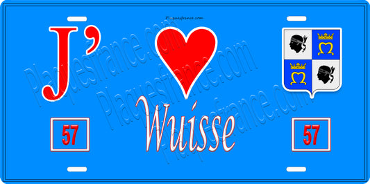 Plaque métal décorative 15 x 30 cm fond bleu 57 J' ❤️Wuisse, canton du Saulnois Moselle 57