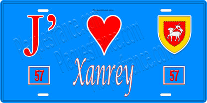 Plaque métal décorative 15 x 30 cm fond bleu 57 J' ❤️Xanrey, canton du Saulnois Moselle 57