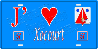 Plaque métal décorative 15 x 30 cm fond bleu 57 J' ❤️Xocourt, canton du Saulnois Moselle 57