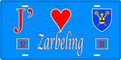 Plaque métal décorative 15 x 30 cm fond bleu 57 J' ❤️Zarbeling, canton du Saulnois Moselle 57