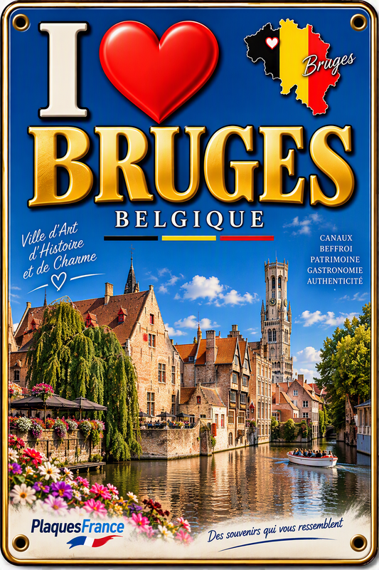 Plaque métal décorative 20 x 30 cm , J' ❤️Bruges Belgique