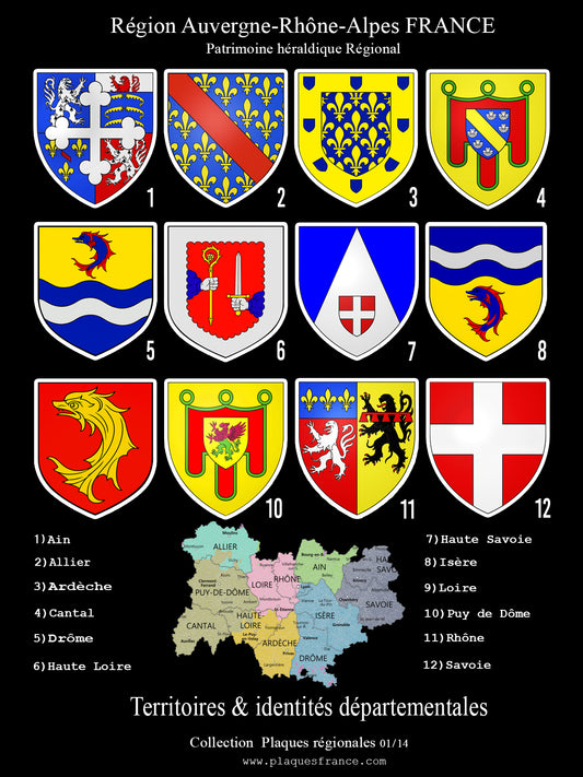 Plque métal décorative Région auvergne Rhône Alpes Les blasons des départements