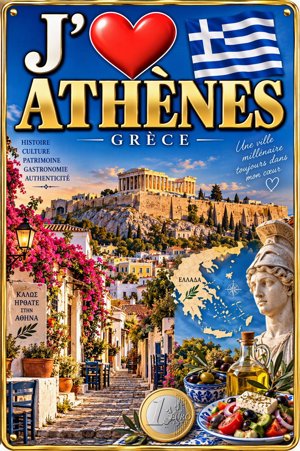 Plaque métal décorative 20 cm x 30 cm J' ❤️la Grèce Union Européenne