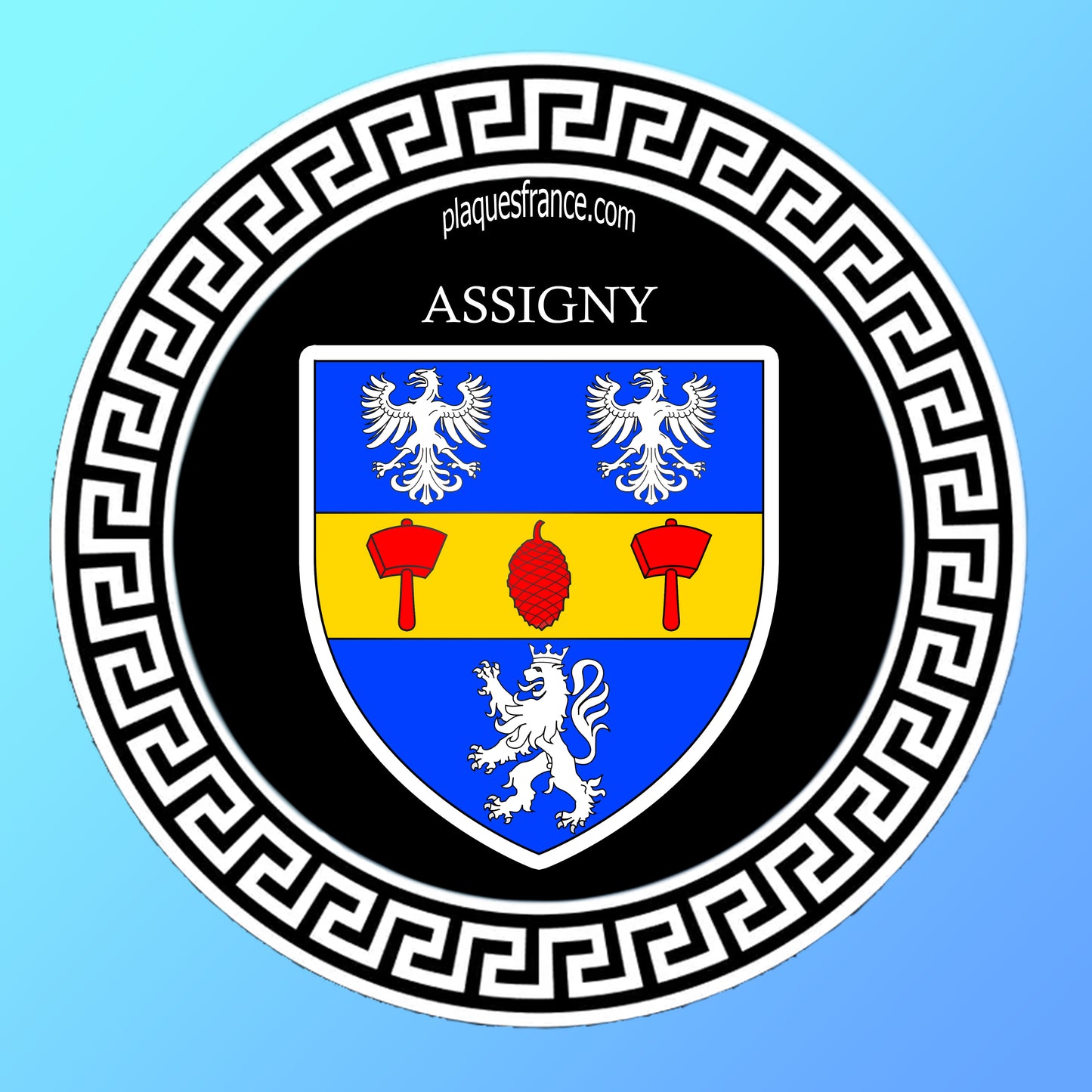 Plaque métal décorative  ronde noire, blason Assigny (76)