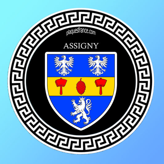 Plaque métal décorative  ronde noire, blason Assigny (76)