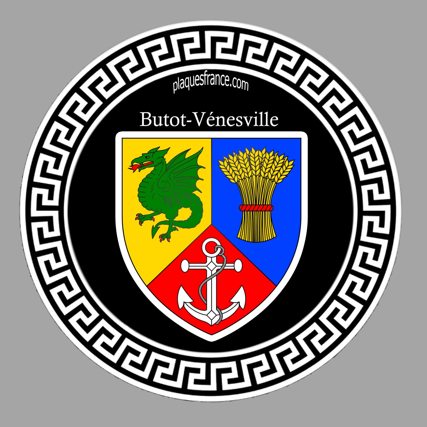 Plaque métal décorative ronde noire Ø 30 cm blason Butot-Vénesville, Seine Maritime (76)
