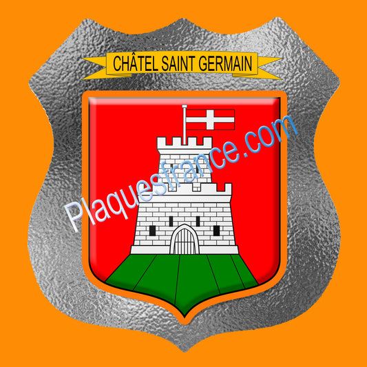Plaque métal décorative écusson fond verre dépoli  Ø 30cm  blason Châtel-Saint-Germain, canton Les Coteaux de Moselle 57
