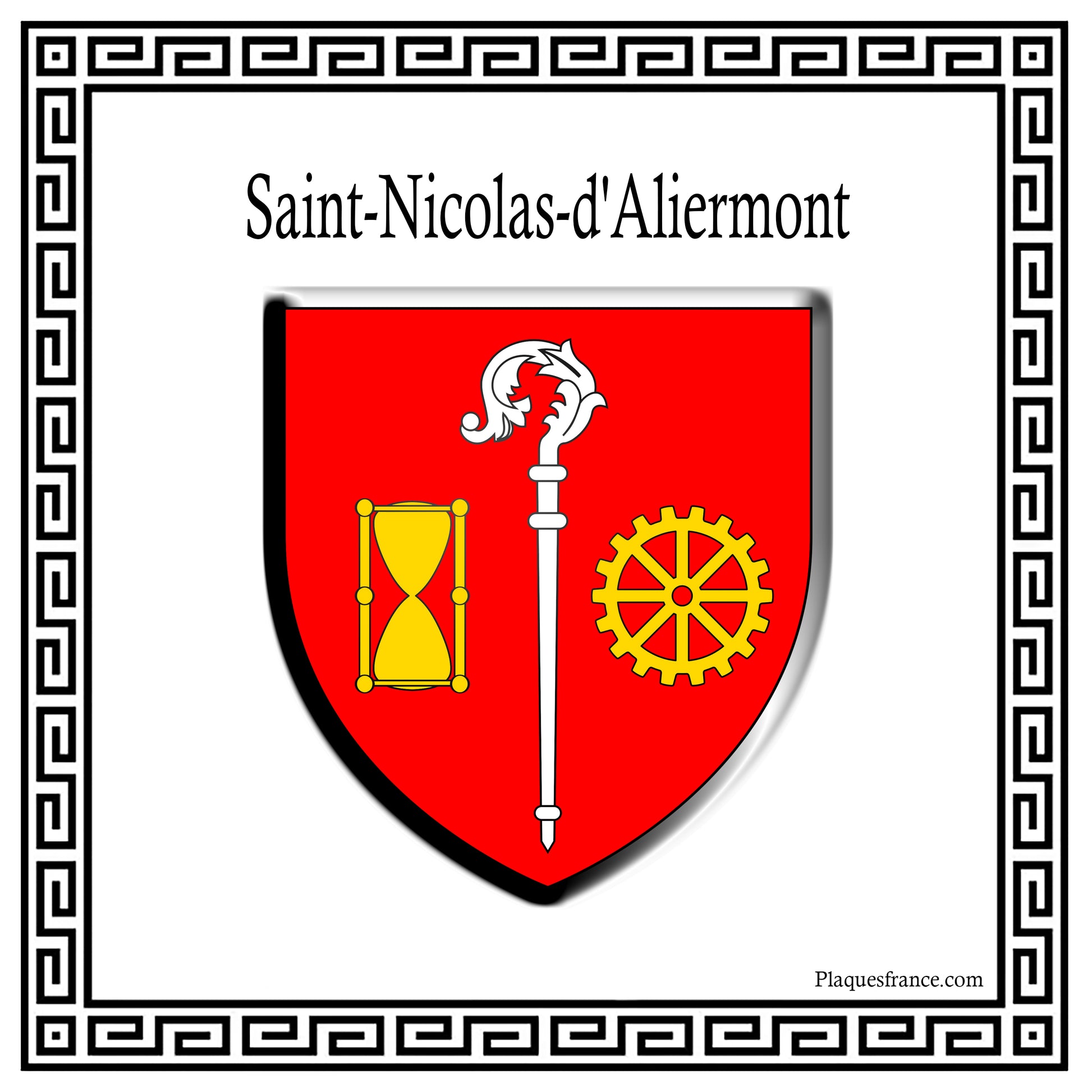 Plaque métal décorative carré blanche 30 cm x30 cm blason Saint-Nicolas-d’Aliermont, Seine Maritime (76)