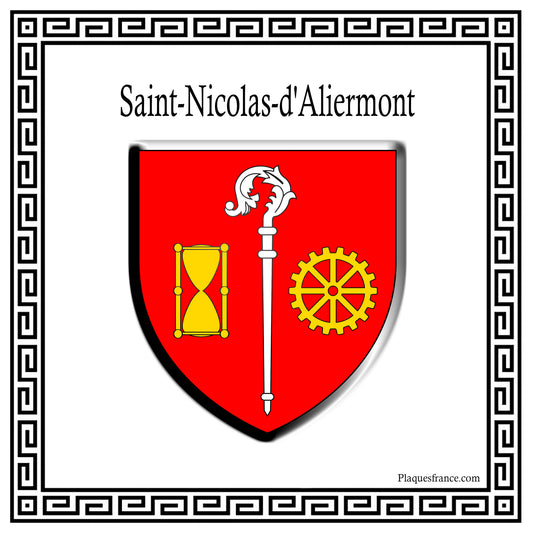 Plaque métal décorative carré blanche 30 cm x30 cm blason Saint-Nicolas-d’Aliermont, Seine Maritime (76)
