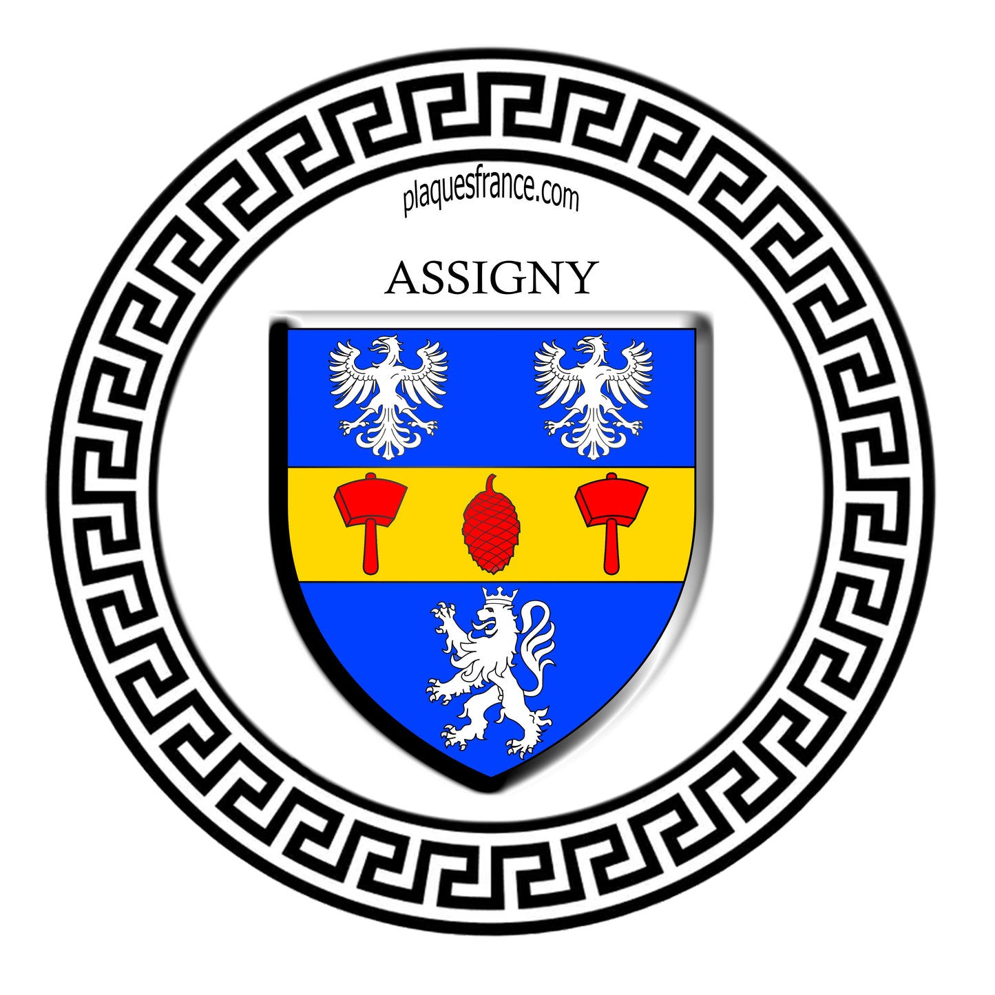 Plaque métal décorative  ronde blanche, blason Assigny (76)