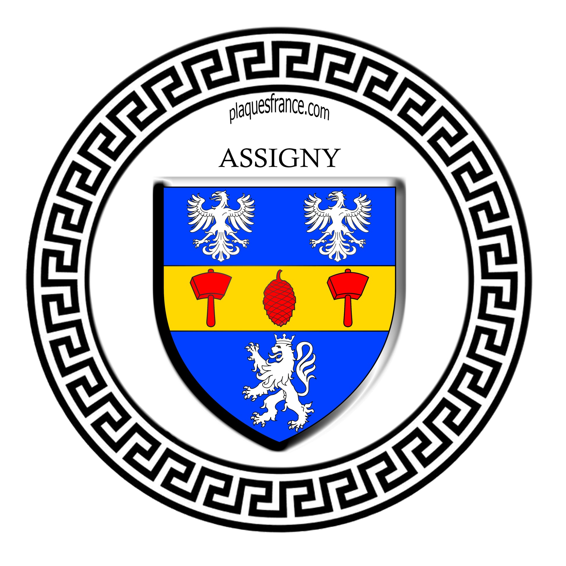 Plaque métal décorative  ronde blanche, blason Assigny (76)