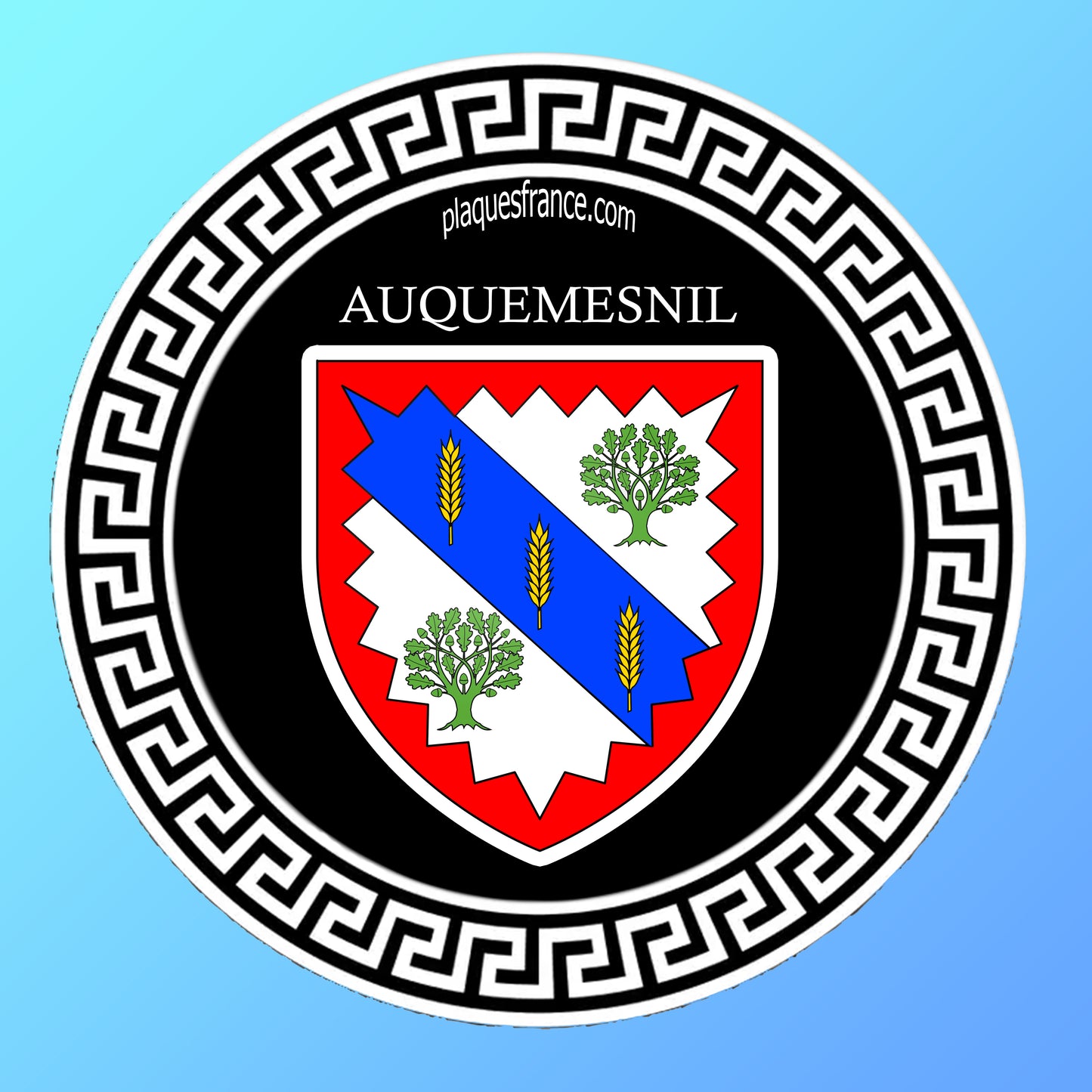 Plaque métal décorative ronde noire blason Auquemesnil, Seine Maritime (76)