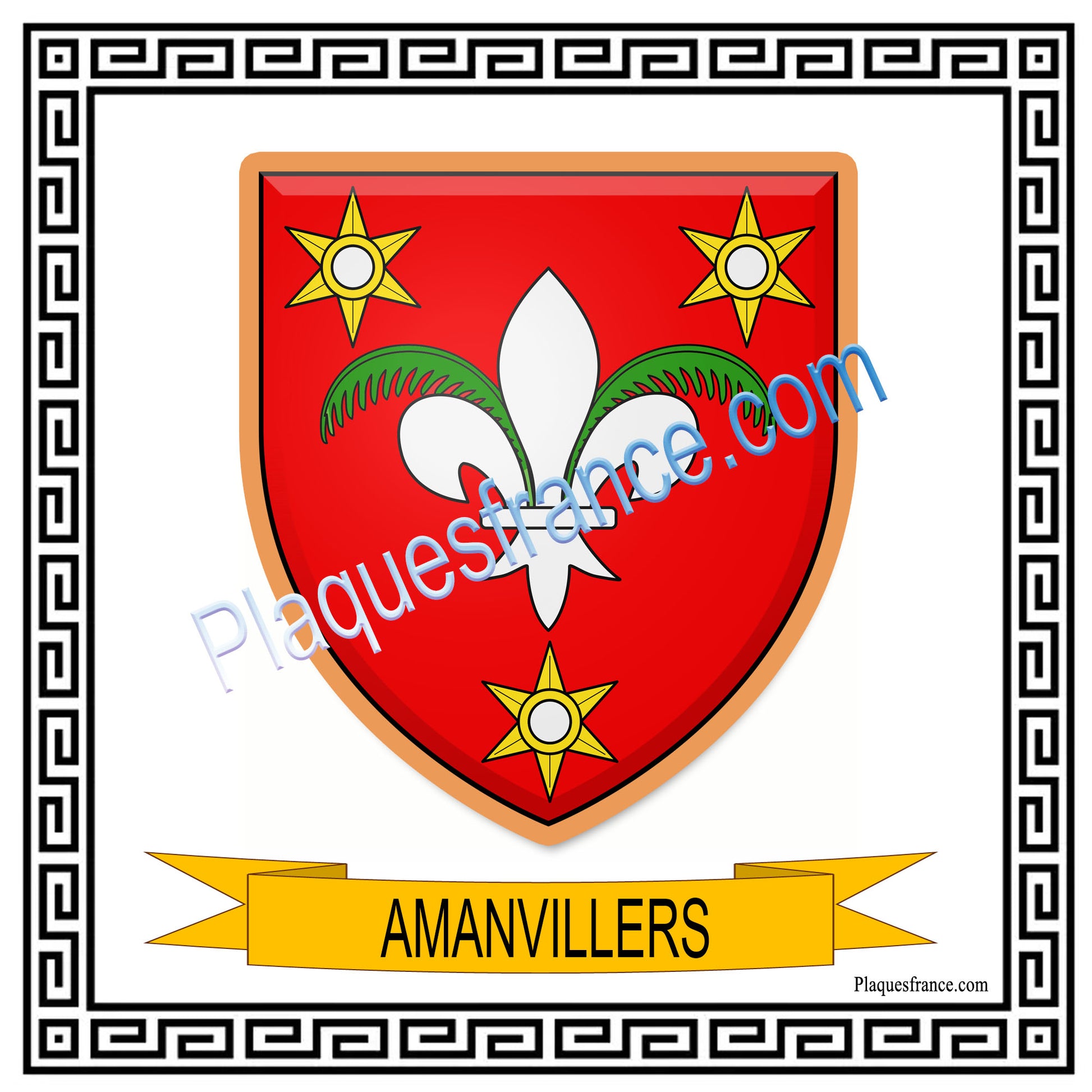 Plaque métal décorative  carrée fond blanc, blason Amanvillers, Moselle.