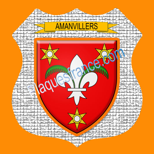 Plaque métal décorative écusson fond craquelures, blason Amanvillers, Moselle