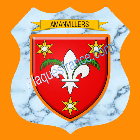 Plaque métal décorative écusson fond marbre, blason Amanvillers, Moselle