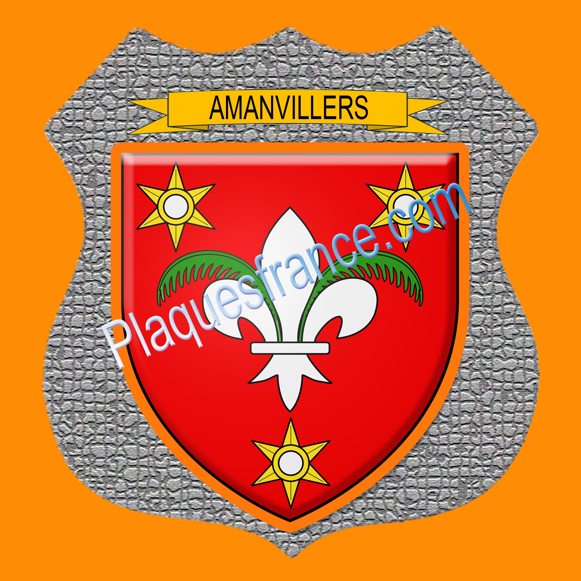 Plaque métal décorative écusson fond mozaique, blason Amanvillers, Moselle