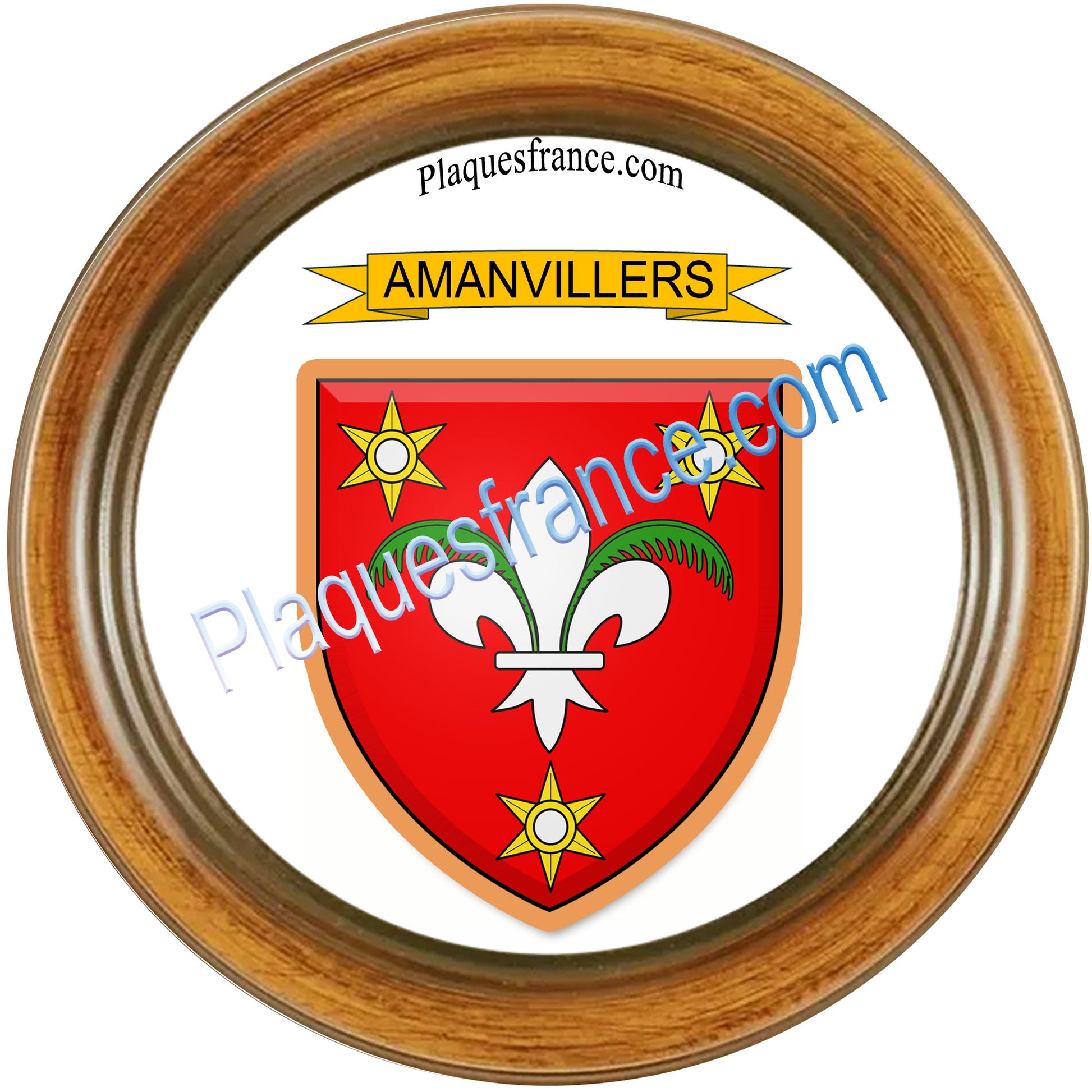 Plaque métal décorative ronde cadre bois, blason Amanvillers, Moselle