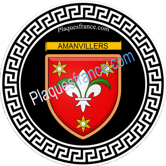 Plaque métal décorative  ronde fond noir, blason Amanvillers, Moselle