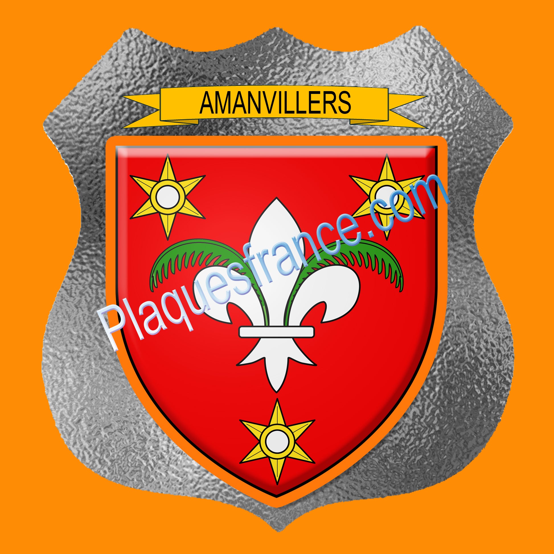 Plaque métal décorative écusson fond verre dépoli, blason Amanvillers, Moselle