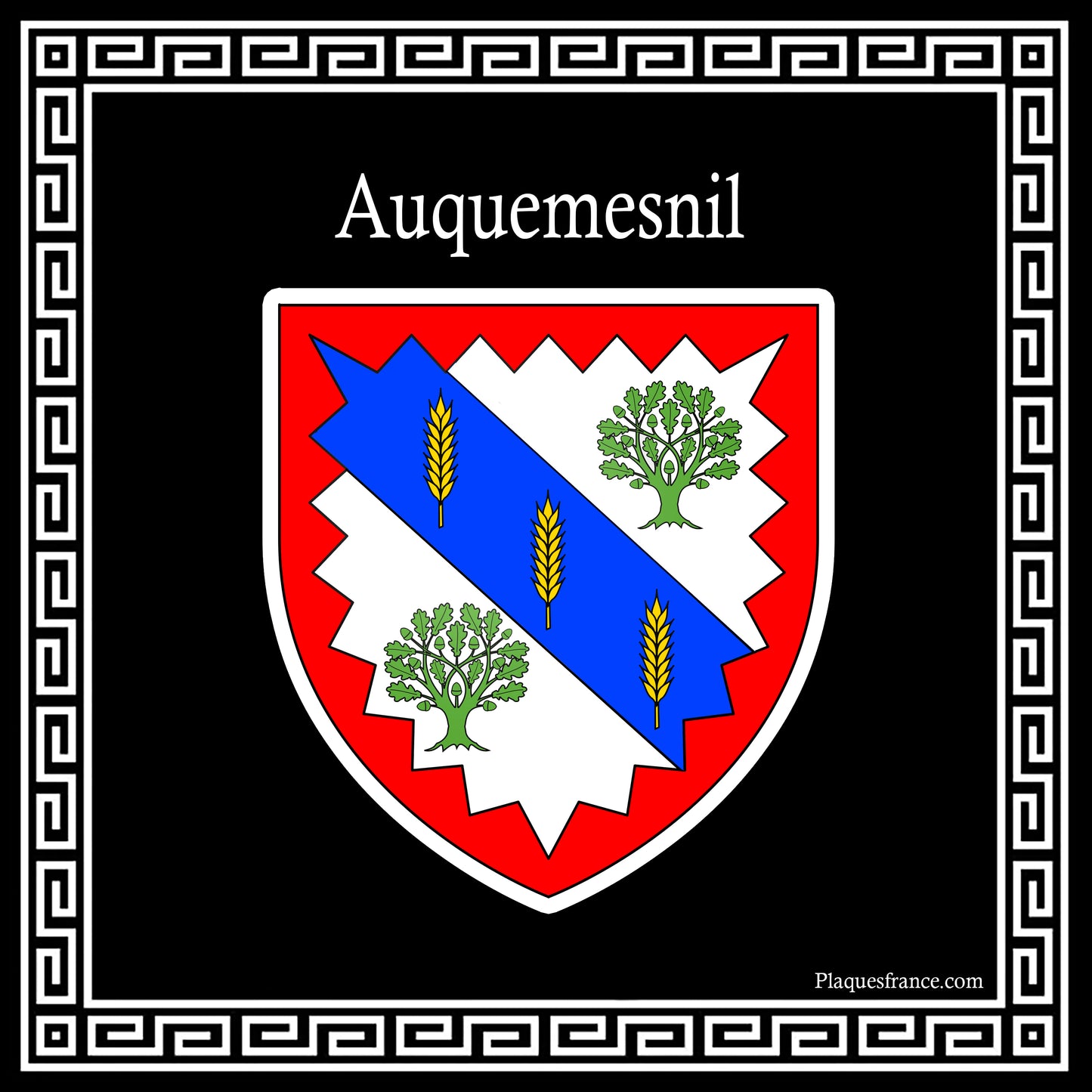Plaque métal décorative carrée noire blason Auquemesnil, Seine Maritime (76)
