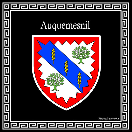 Plaque métal décorative carrée noire blason Auquemesnil, Seine Maritime (76)