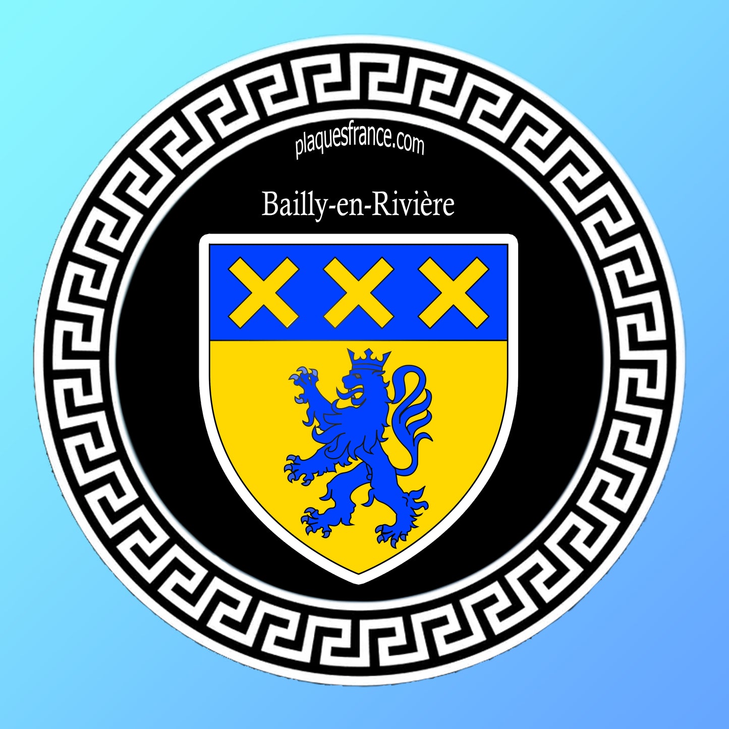 Plaque métal décorative  ronde Ø 30cm noire, blason Bailly-en-Rivière, Seine Maritime (76)