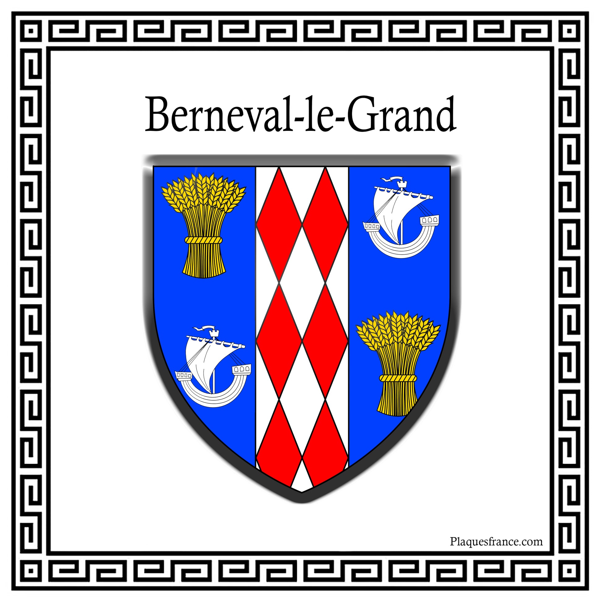 Plaque métal décorative carrée blanche blason Berneval-le-Grand, Seine Maritime (76)