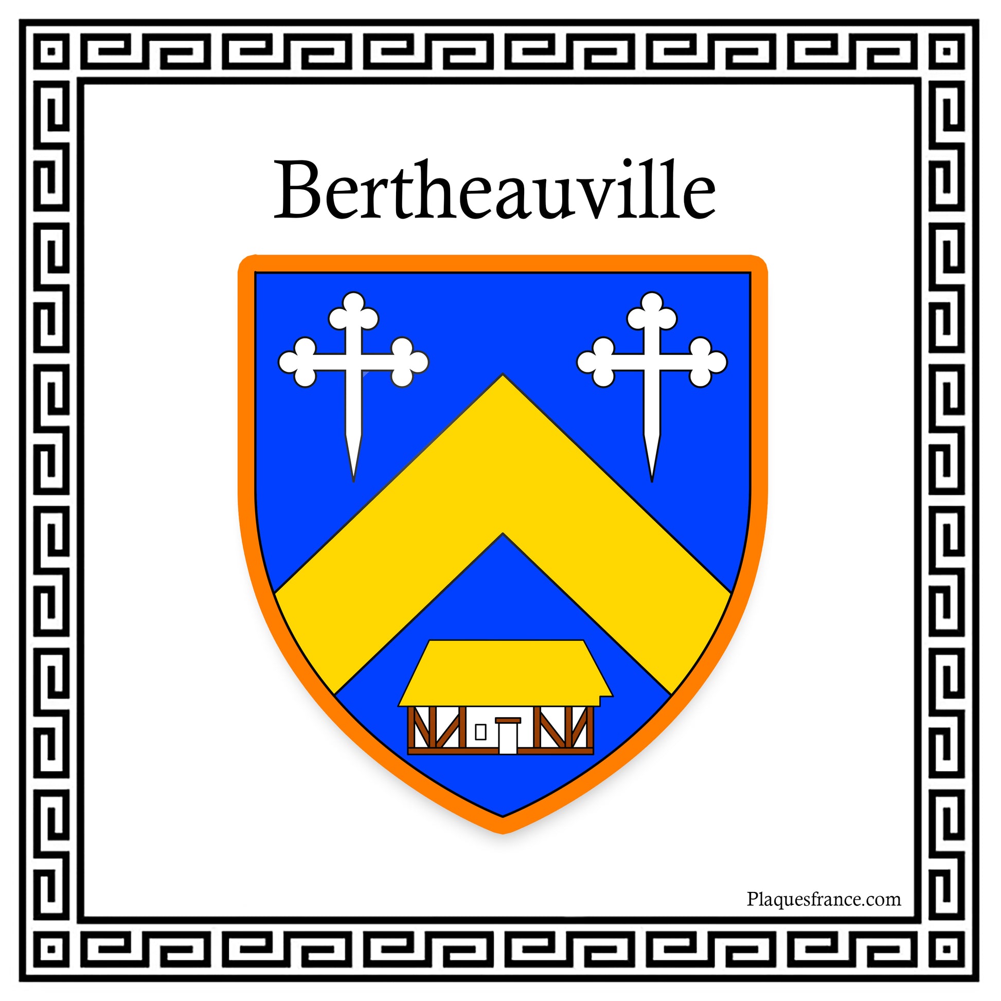 Plaque métal décorative carrée blanche 30 cm X 30 cm blason Bertheauville, Seine Maritime (76)