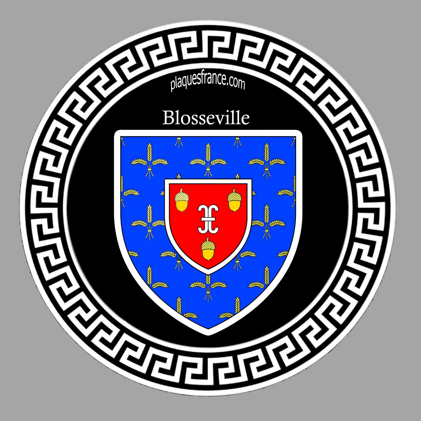 Plaque métal décorative ronde noire Ø 30 cm blason Blosseville, Seine Maritime (76)