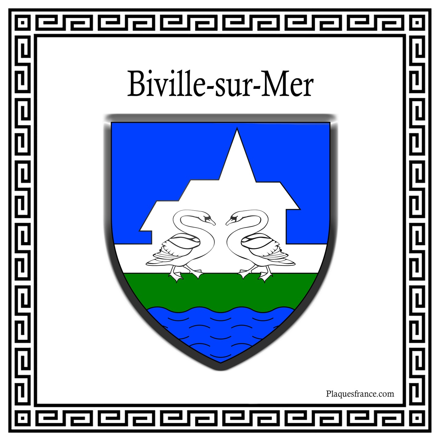 Plaque métal décorative carrée blanche blason Biville-sur-Mer, Seine Maritime (76)