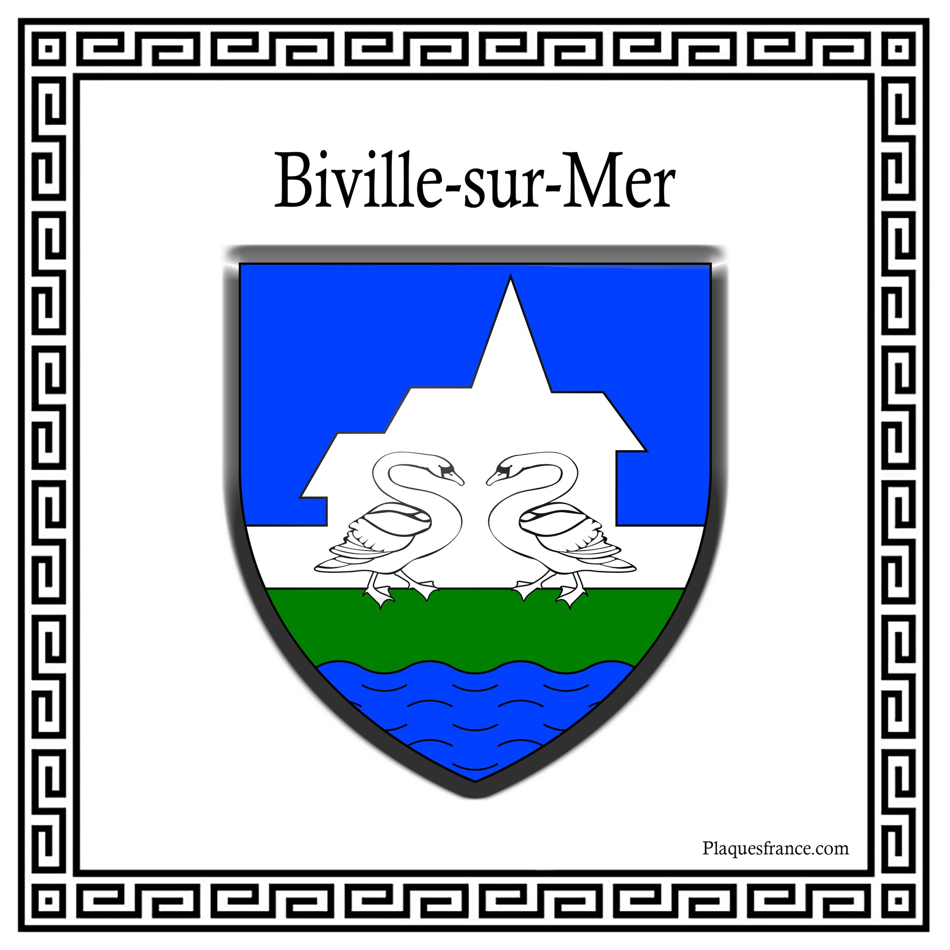 Plaque métal décorative carrée blanche blason Biville-sur-Mer, Seine Maritime (76)