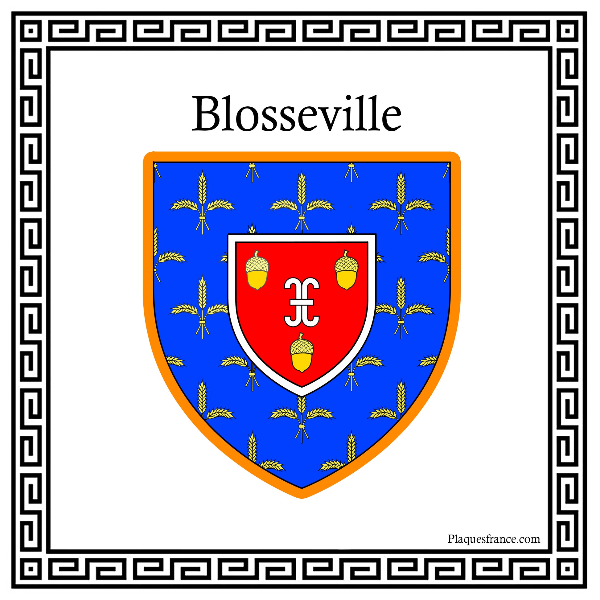 Plaque métal décorative carrée blanche 30 cm X 30 cm blason Blosseville, Seine Maritime (76)