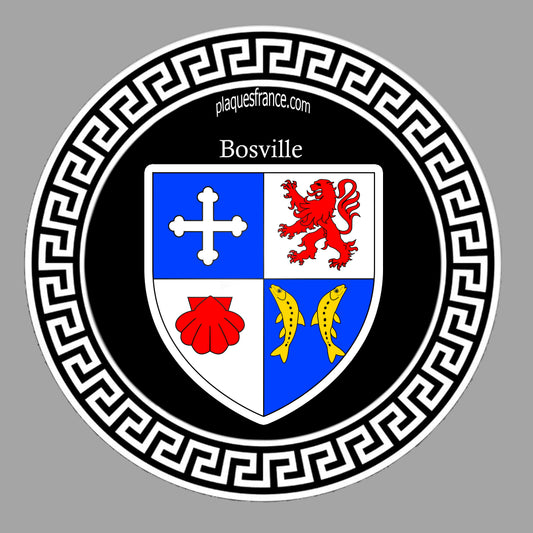 Plaque métal décorative ronde noire 30 cm X 30 cm blason Bosville, Seine Maritime (76)