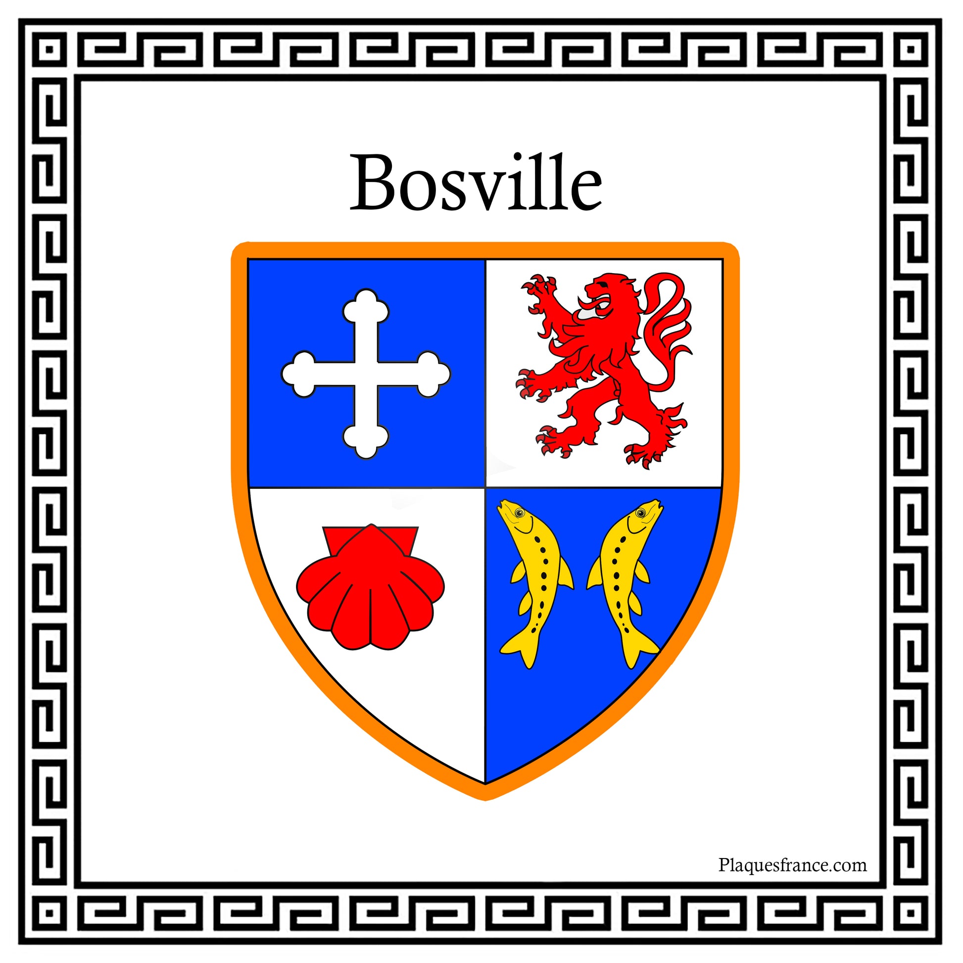 Plaque métal décorative carrée blanche 30 cm X 30 cm blason Bosville, Seine Maritime (76)