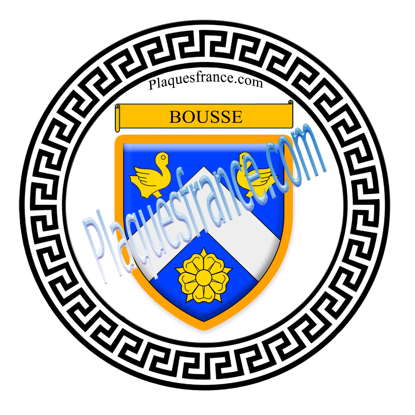 Plaque métal décorative fond blanc ronde Ø 30 cm blason Bousse, canton Sarralbe Moselle 57