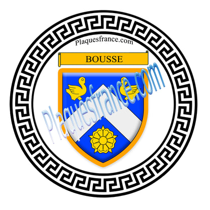 Plaque métal décorative fond blanc ronde Ø 30 cm blason Bousse, canton Sarralbe Moselle 57