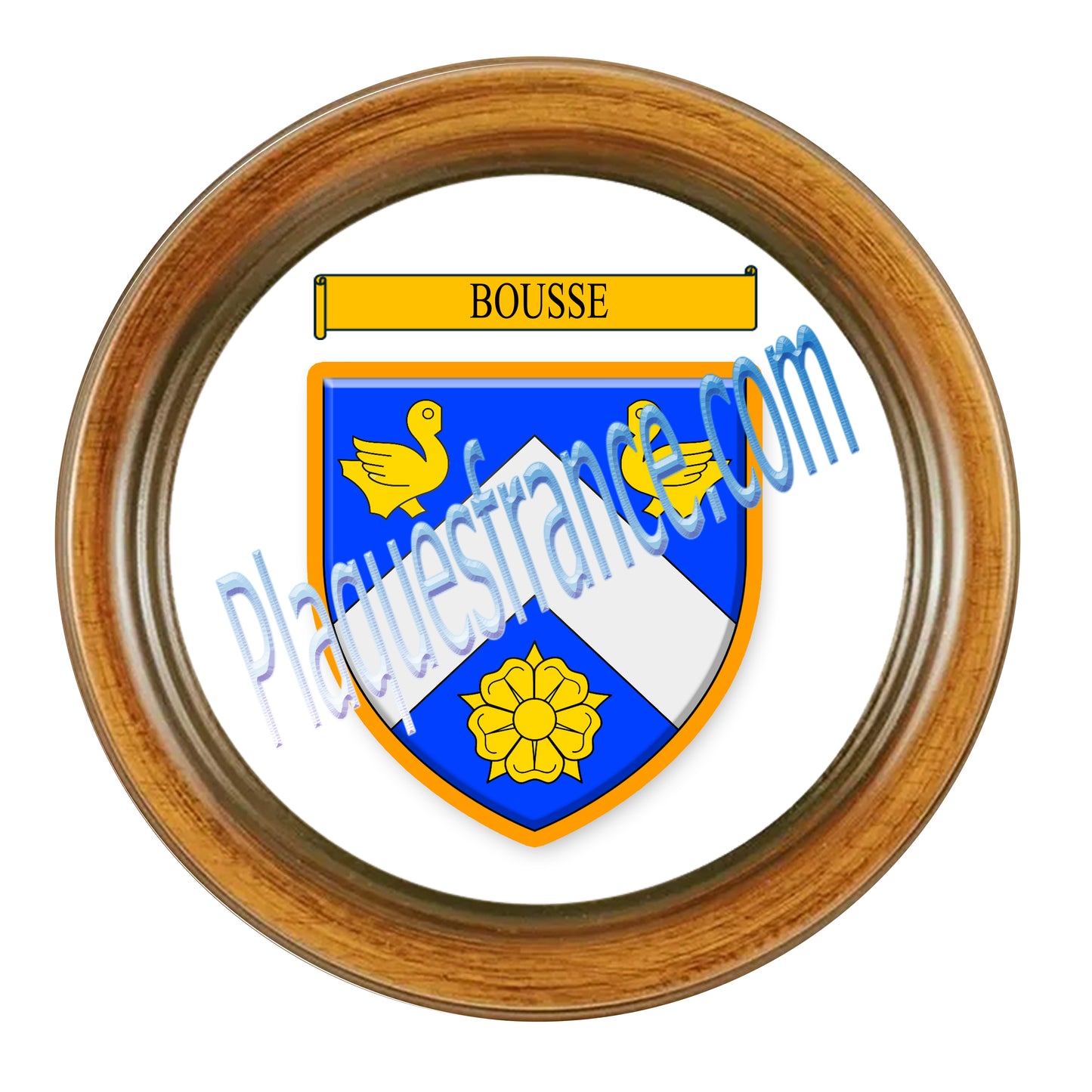 Plaque métal décorative façon cadre bois ronde Ø 30 cm blason Bousse, canton Sarralbe Moselle 57
