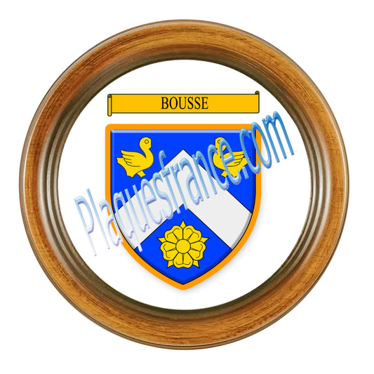 Plaque métal décorative façon cadre bois ronde Ø 30 cm blason Bousse, canton Sarralbe Moselle 57