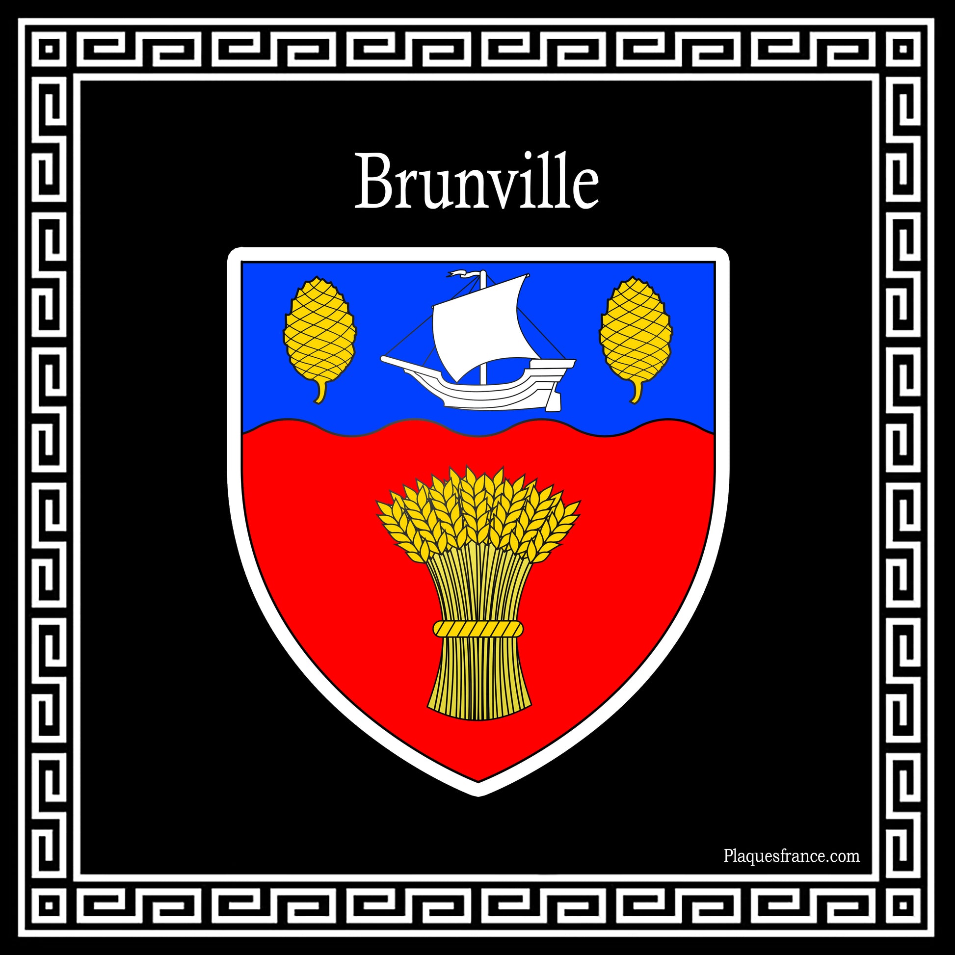 Plaque métal décorative carrée noire blason Brunville, Seine Maritime (76)