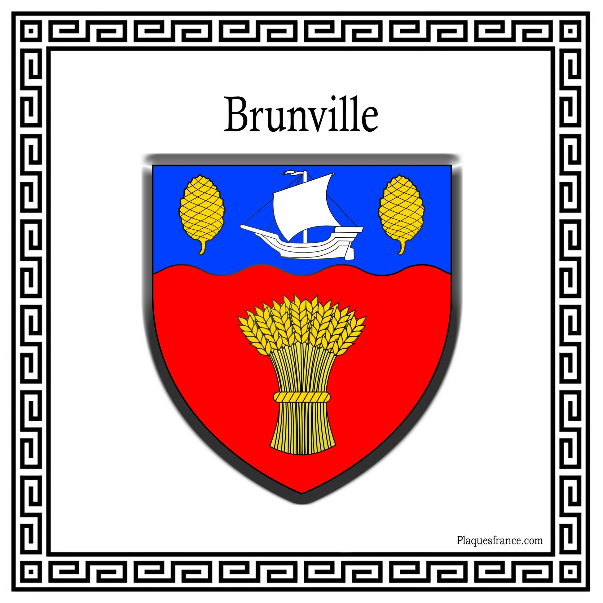 Plaque métal décorative carrée blanche blason Brunville, Seine Maritime (76)