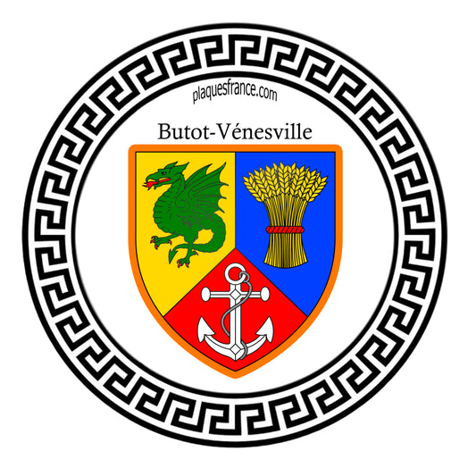 Plaque métal décorative ronde blanche Ø 30 cm blason Butot-Vénesville, Seine Maritime (76)