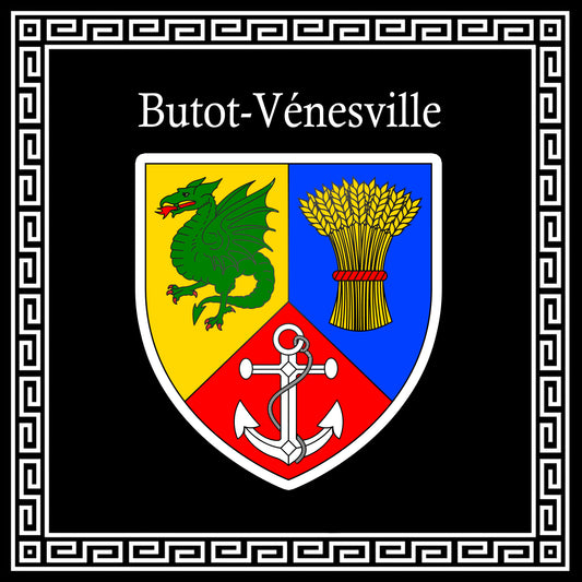 Plaque métal décorative carrée noire 30 cm  X 30 cm blason Butot-Vénesville, Seine Maritime (76)