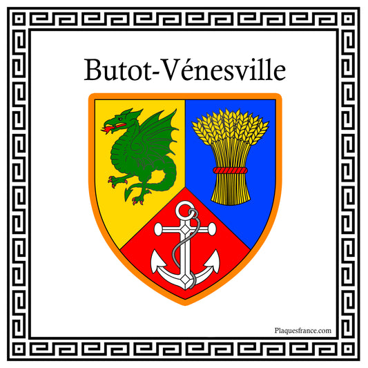 Plaque métal décorative carrée blanche 30 cm  X 30 cm blason Butot-Vénesville, Seine Maritime (76)