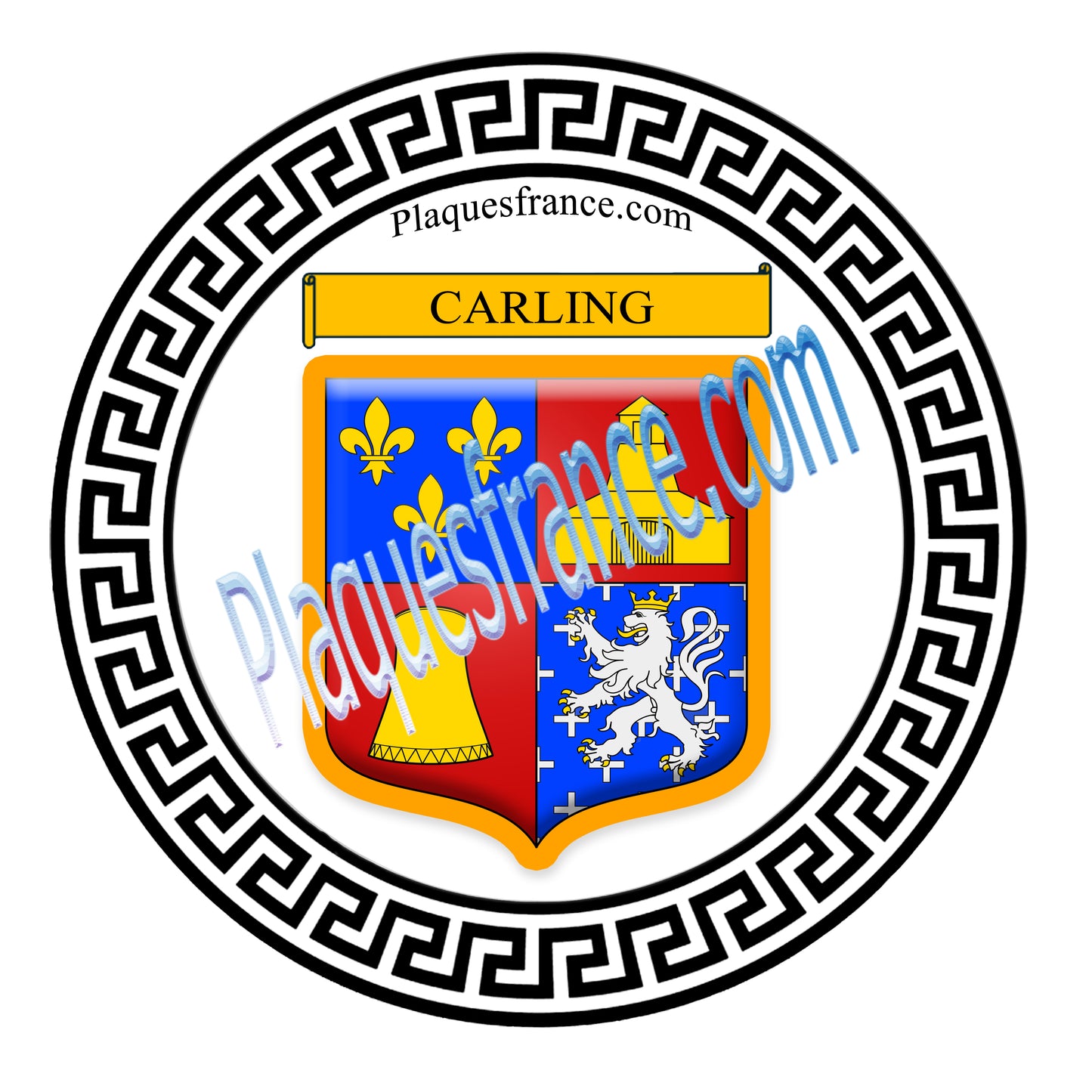 Plaque métal décorative fond blanc ronde Ø 30 cm blason Carling, canton Sarralbe Moselle 57