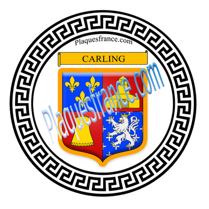 Plaque métal décorative fond blanc ronde Ø 30 cm blason Carling, canton Sarralbe Moselle 57