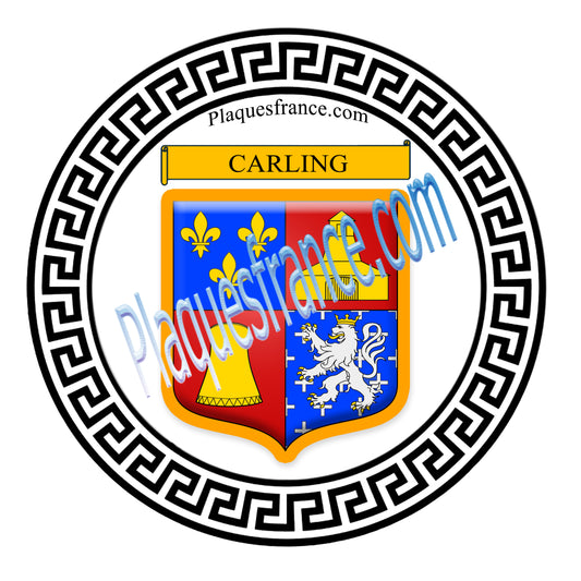 Plaque métal décorative fond blanc ronde Ø 30 cm blason Carling, canton Sarralbe Moselle 57