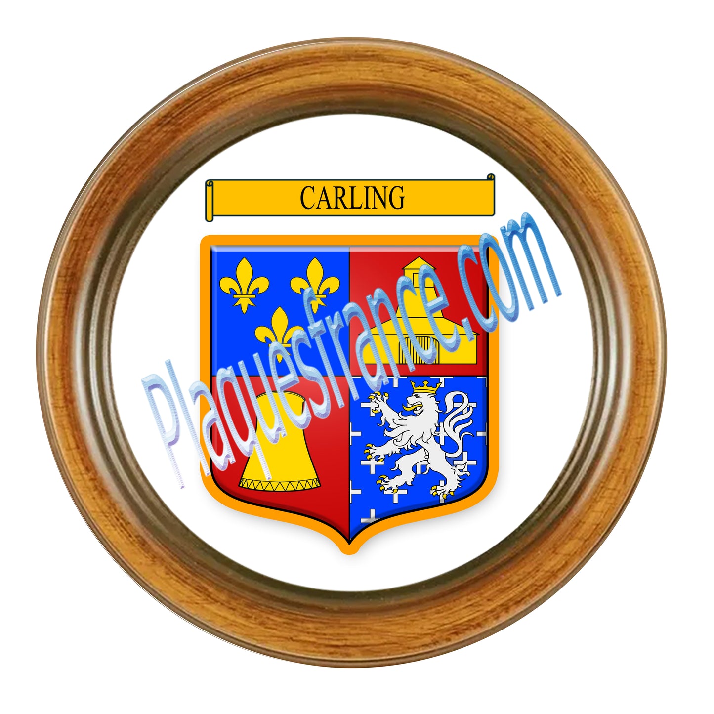 Plaque métal décorative façon cadre bois ronde Ø 30 cm blason Carling, canton Sarralbe Moselle 57