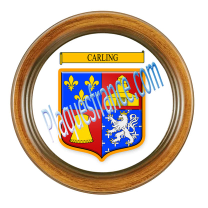 Plaque métal décorative façon cadre bois ronde Ø 30 cm blason Carling, canton Sarralbe Moselle 57
